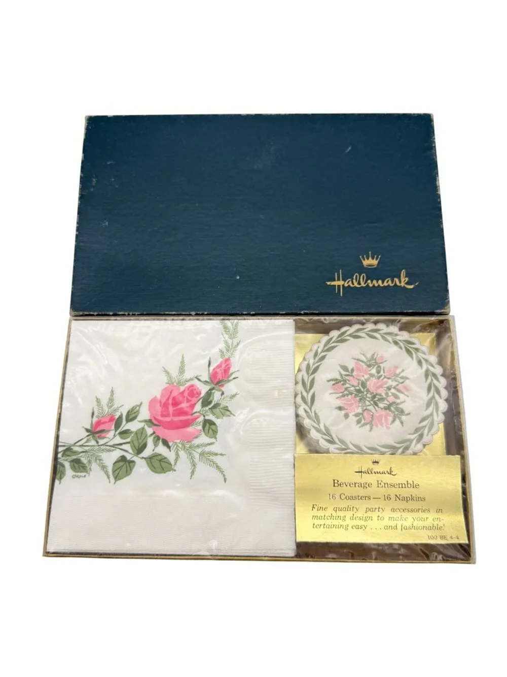 Vtg Hallmark Beverage Ensemble Coasters & Napkins Set Pink Rose Floral NIB
